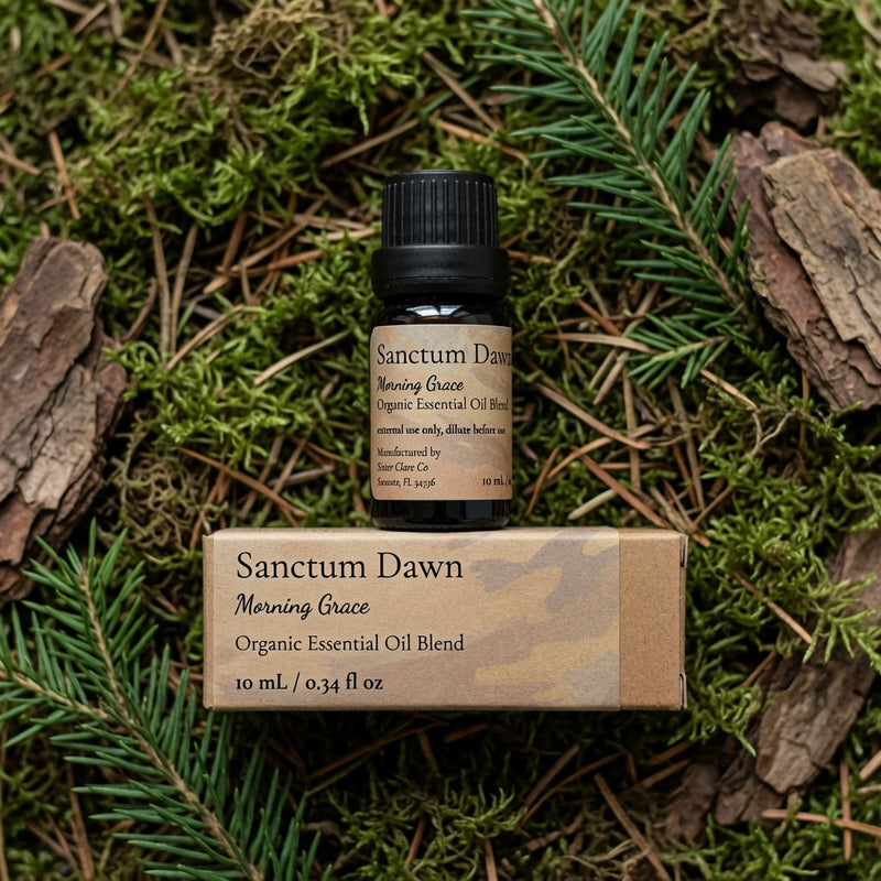 A small amber essential oil bottle labeled Sanctum Dawn Morning Grace sits on top of its matching kraft paper box, placed on a forest floor surface with pine needles and bark.