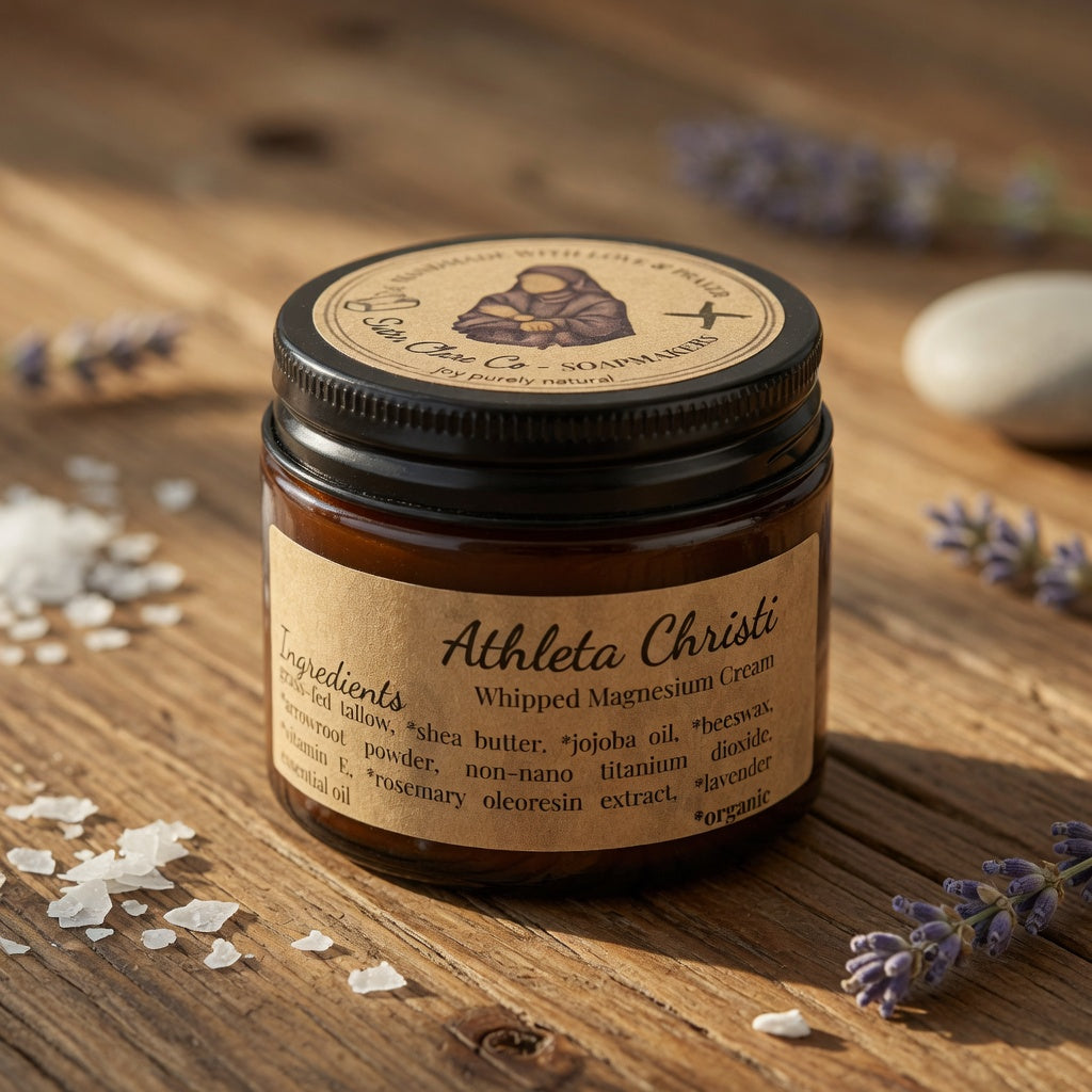 Athleta Christi whipped magnesium cream jar on a wooden surface with lavender flowers.