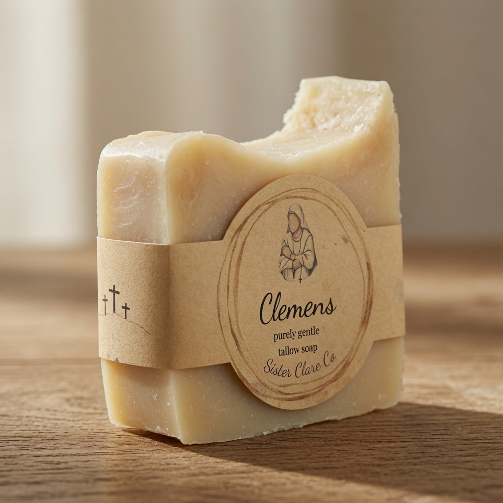 A bar of Clemens tallow soap by Sister Clara Co., wrapped in a kraft paper band with a round label, resting on a wooden surface.