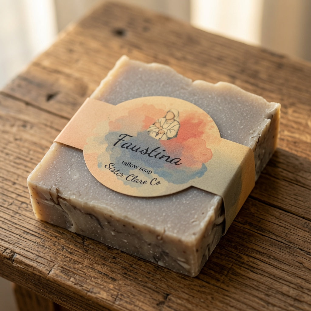 A rectangular bar of handmade soap with a speckled lavender-gray finish, wrapped in a beige paper band with a round label reading 'Faustina tallow soap Sister Clare Co.' The soap sits on a rustic wooden surface.