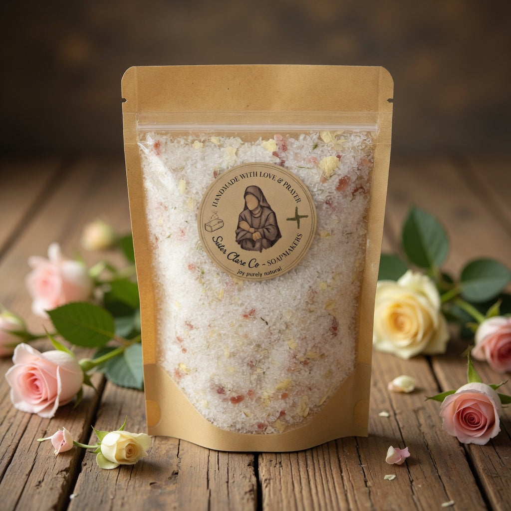 Professional square hero product photograph of Guadalupe Mineral Soak pouch centered on warm rustic wood with soft studio lighting and delicate pink roses nearby, evoking Our Lady of Guadalupe’s miraculous grace and inviting customers into a peaceful bath ritual.