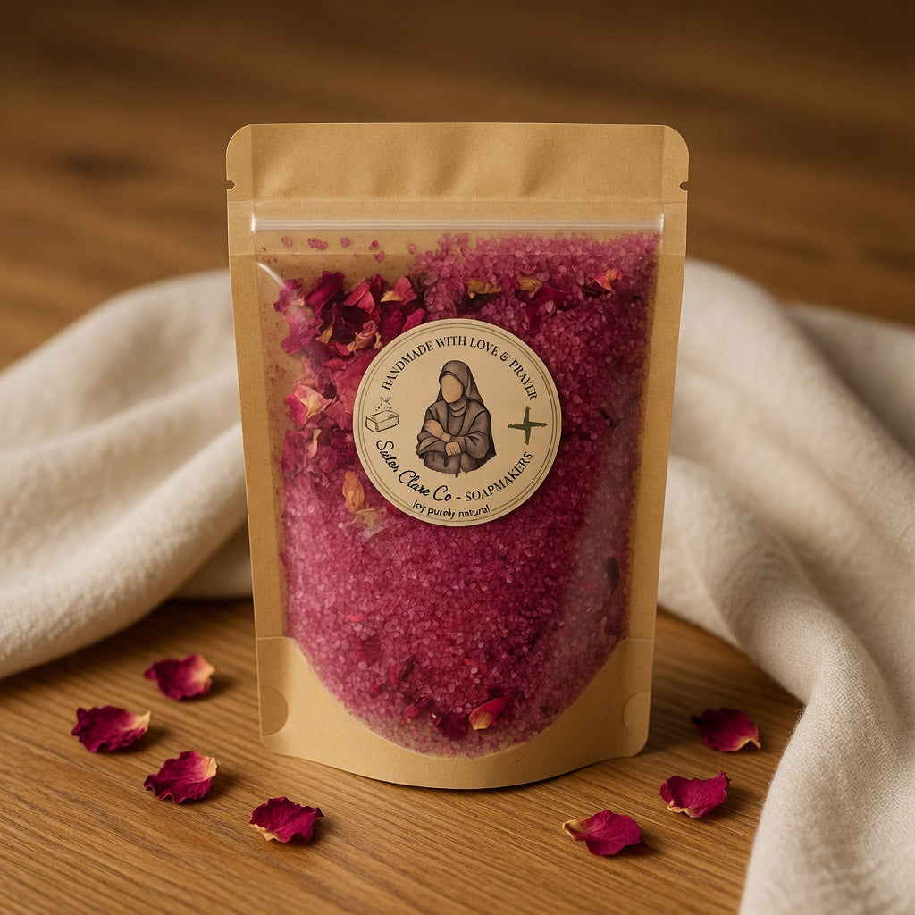 Professional square hero product photograph of Lisieux Mineral Soak pouch centered on warm wood with scattered dried rose petals, soft studio lighting, vibrant rose-red salts visible through the clear window, exact pouch and nun logo label faithfully reproduced.