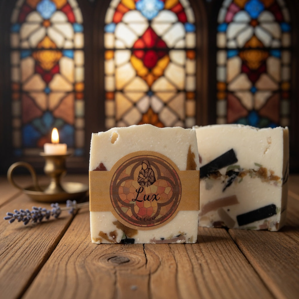 Lux Tallow Soap hero shot on warm wood surface with soft lighting, exactly matching the reference photo's creamy white bar with multi-colored stained glass inclusions and circular nun label.