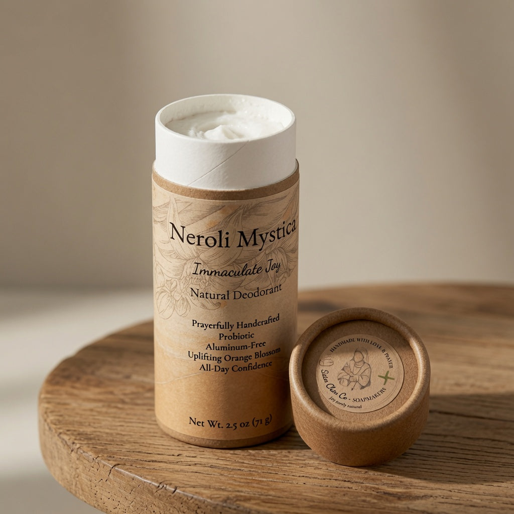A natural deodorant stick in a kraft paper tube labeled 'Neroli Mystica Immaculate Joy Natural Deodorant' sits on a round wooden tray with its wooden lid placed beside it. The product is photographed in a warm, softly lit setting with a neutral beige background.