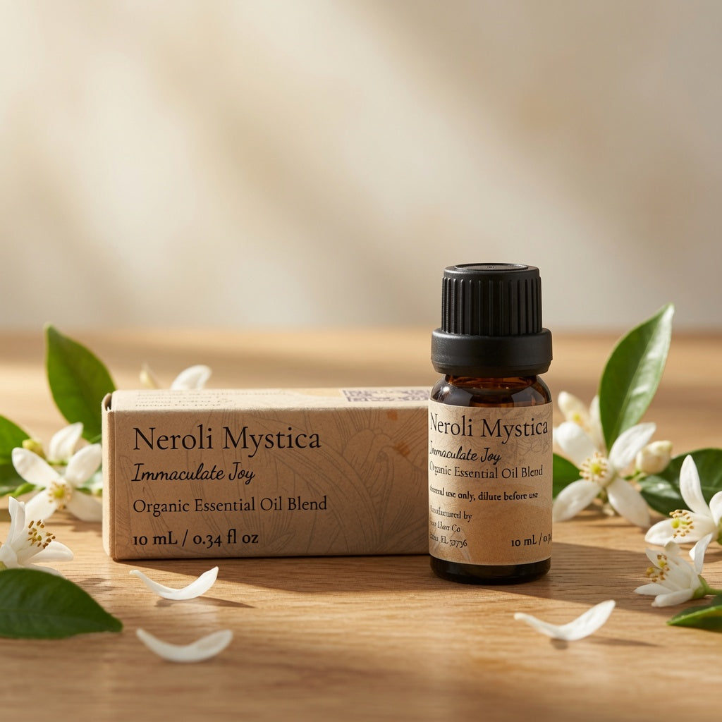 A small amber glass bottle of Neroli Mystica Immaculate Joy essential oil blend stands next to its kraft paper box on a wooden surface, surrounded by white neroli blossoms and green leaves.