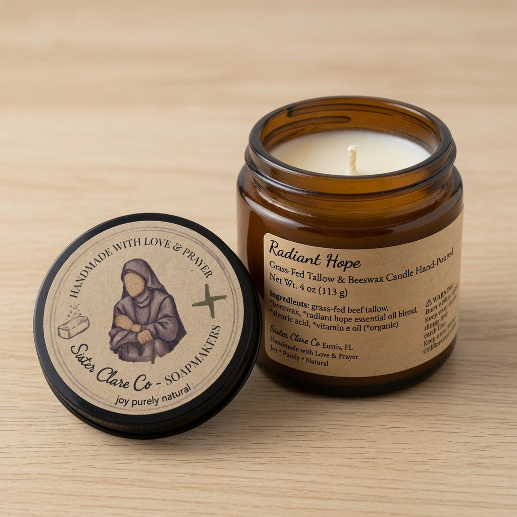 An amber glass jar candle with its black lid placed beside it on a light wood surface. The lid label shows the brand 'Sisters Clare Co' and the scent 'Radiant Hope'.