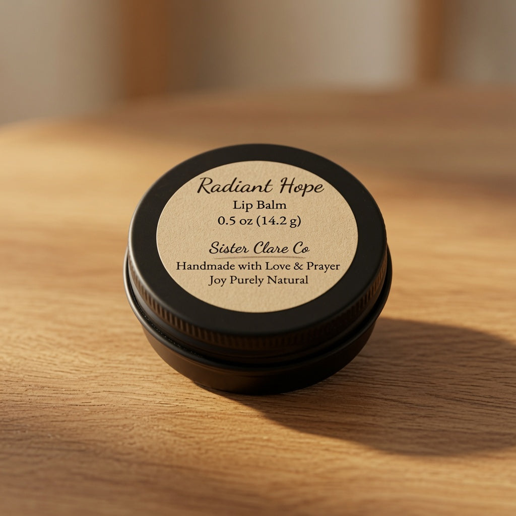 A small round black tin of Sister Clae Co Radiant Hope Lip Balm sits on a wooden surface. The lid features a beige circular label with black text detailing the product name, weight, and brand.