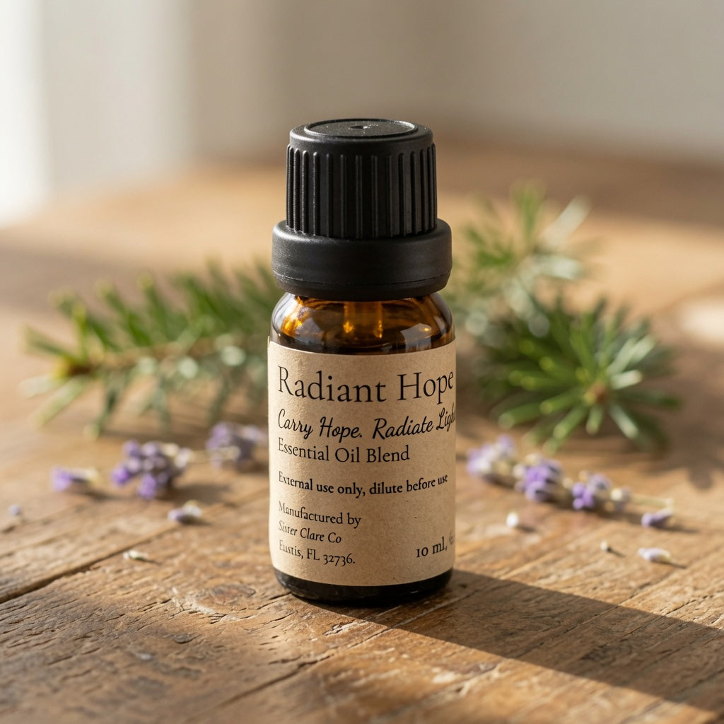 A 10 mL amber glass bottle of Radiant Hope Essential Oil Blend with a black ribbed cap and a beige label, set on a rustic wooden surface with sprigs of greenery and small purple flowers in the background.