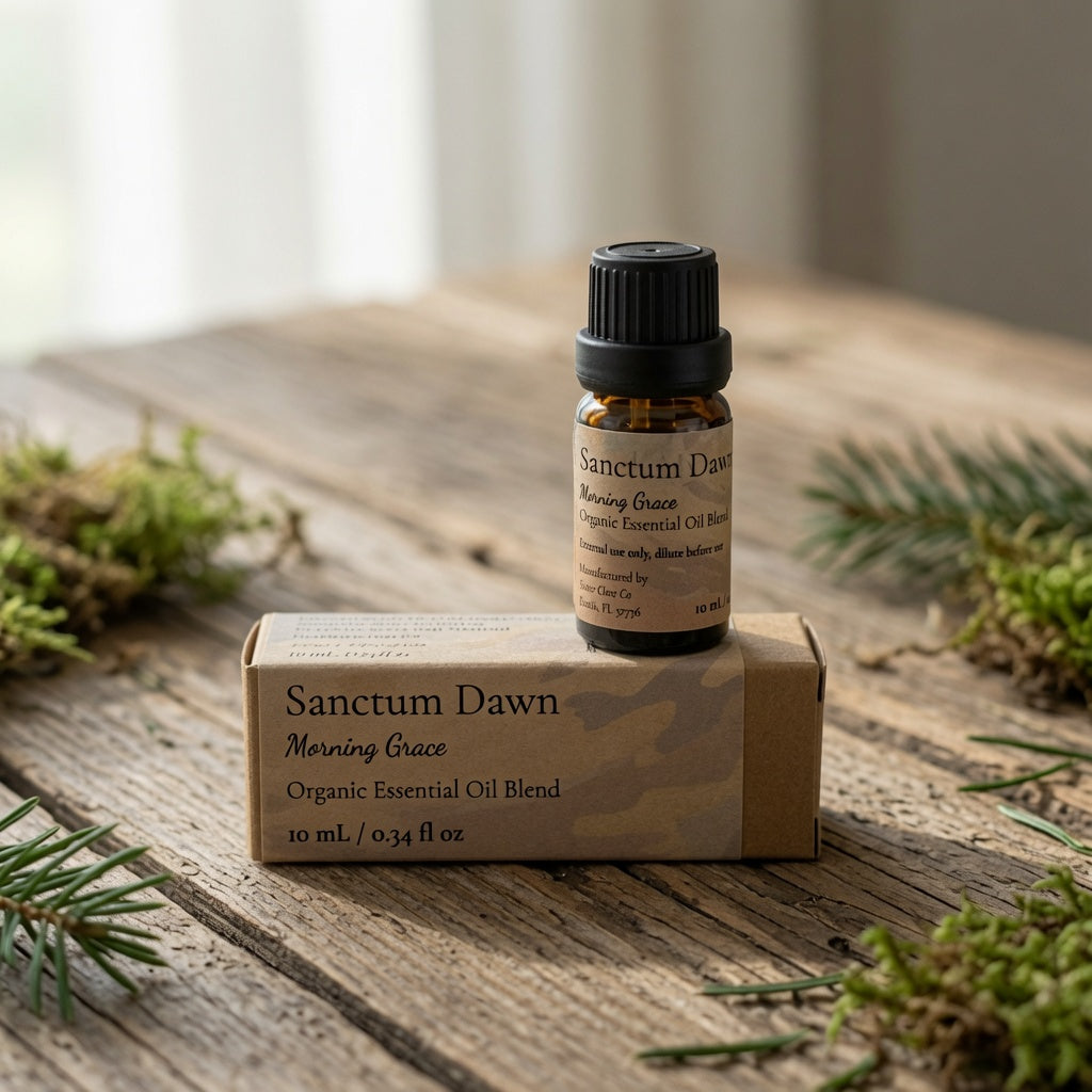 A small amber glass bottle of Sanctum Dawn Morning Grace essential oil blend stands on top of its kraft paper box on a rustic wooden surface, surrounded by pine branches.