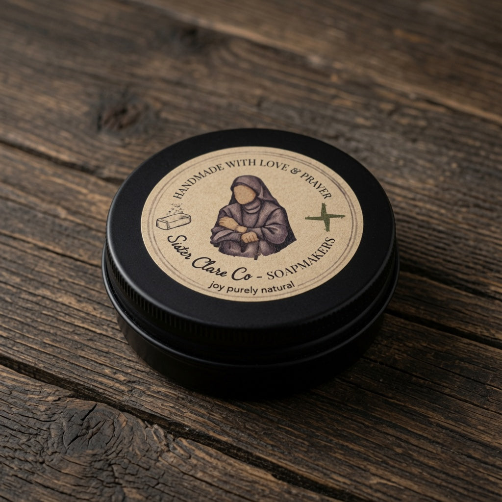 Black container with a label on a wooden surface