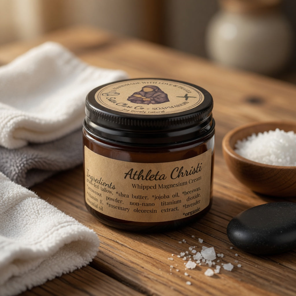 Jar of Athleta Christi Whipped Magnesium Cream on a wooden surface with towels and a bowl of salt.