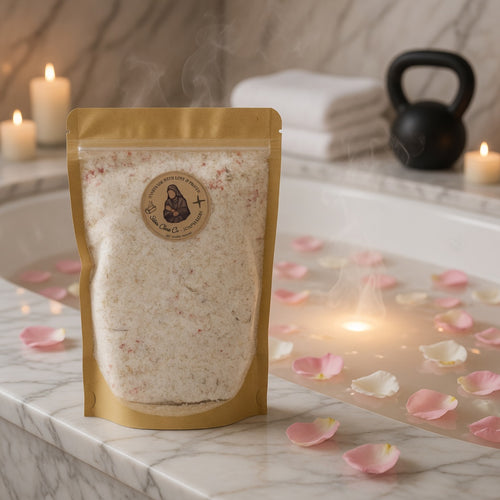 Emotional square lifestyle photograph of Athleta Christi Mineral Soak pouch beside a serene bathtub with warm water, floating petals, soft candlelight, a folded athletic towel, and a small kettlebell in soft focus, evoking a warrior’s restorative soak after a tough spiritual and physical battle.