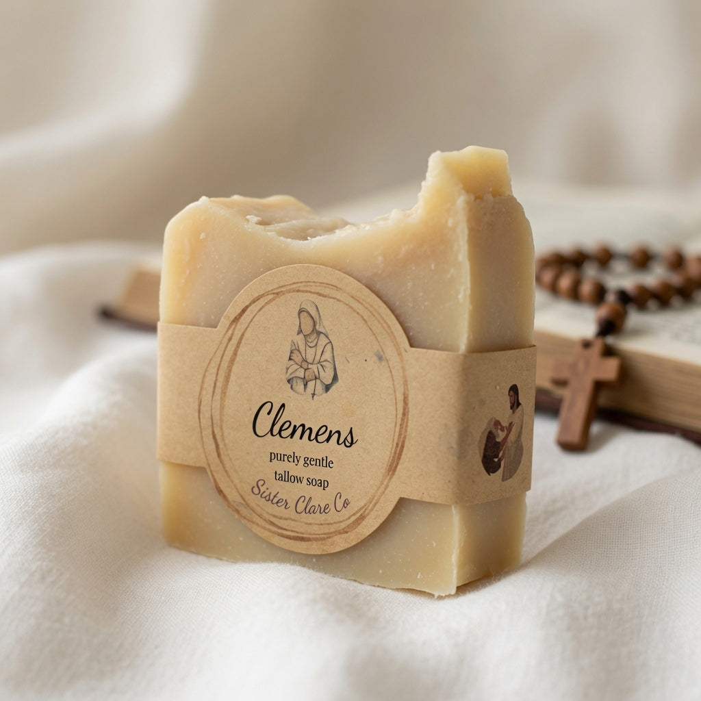 A bar of pale beige Clemens tallow soap wrapped in a paper band, set on a soft white fabric surface with a blurred rosary and book in the background.