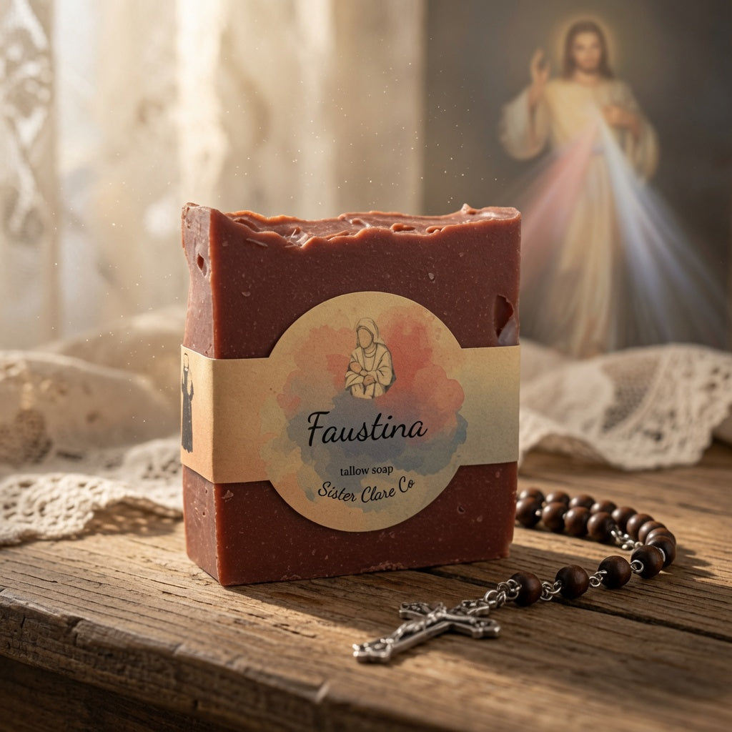 A rectangular bar of reddish-brown soap labeled 'Faustina' by Sister Clare Co sits on a rustic wooden surface with a rosary draped in front. The background features soft-focus lace, warm light, and a blurred religious image.
