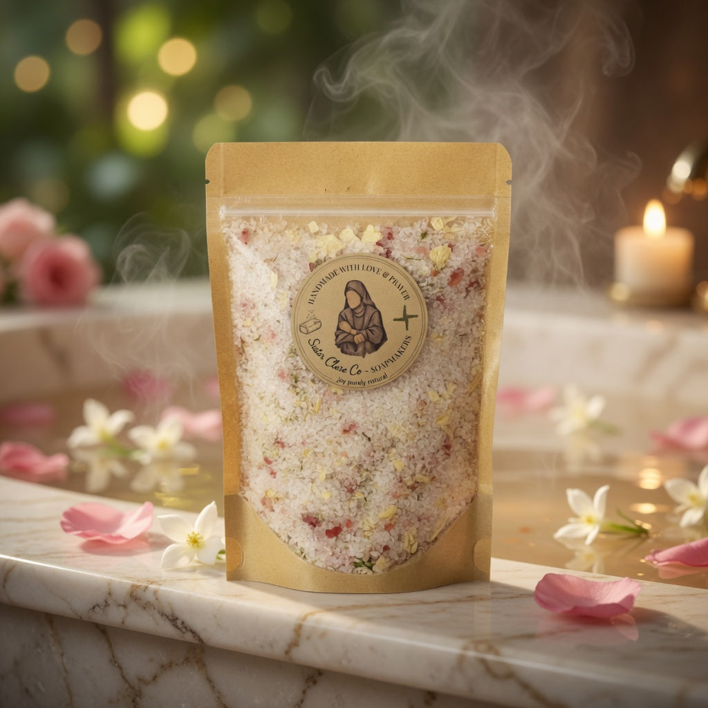Emotional square lifestyle photograph of Guadalupe Mineral Soak pouch beside a serene bathtub filled with warm water, floating rose petals and jasmine blooms, soft candlelight, and gentle green/yellow accents evoking a sacred, relaxing soak in the presence of Our Lady of Guadalupe.