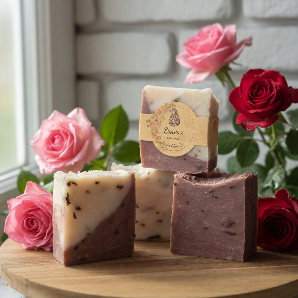 LISIEUX rose tallow soap in a realistic romantic rose garden lifestyle setting with fresh pink and red roses, evoking the beauty and prayerful spirit of Lisieux