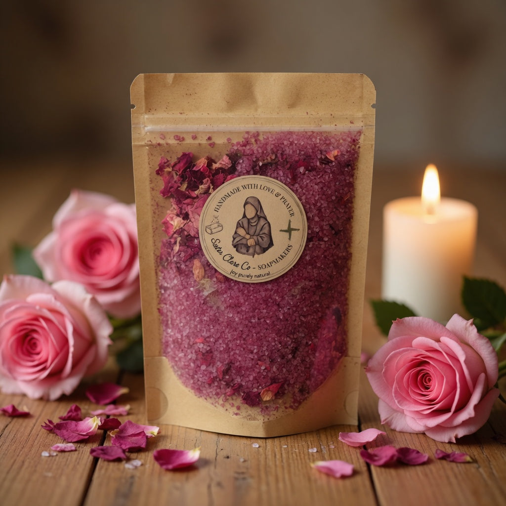 Emotional lifestyle square image of Lisieux Mineral Soak pouch nestled among fresh pink roses, soft candlelight, and bath elements evoking St. Thérèse’s shower of roses and peaceful prayerful self-care.