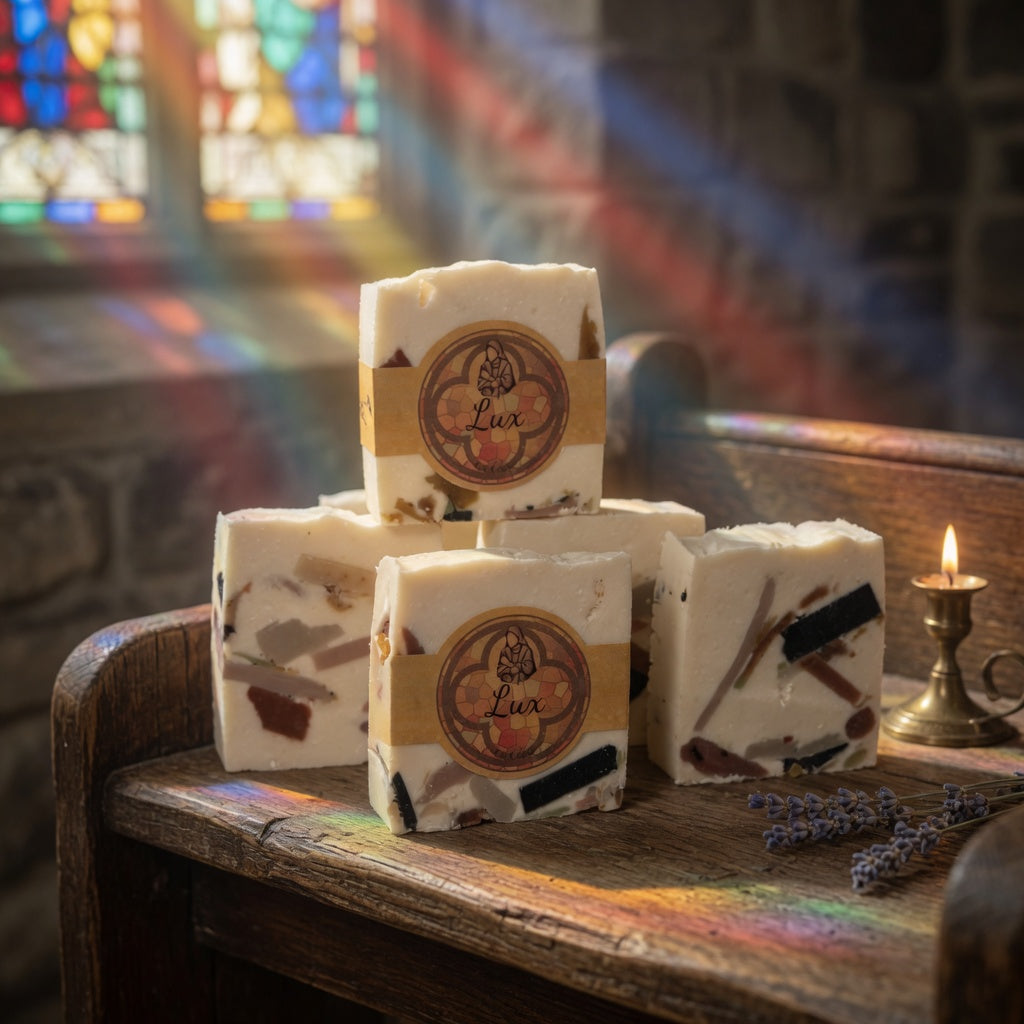 Lux Tallow Soap displayed in soft, colorful light resembling a church stained glass window, with the bar's vibrant inclusions glowing beautifully.