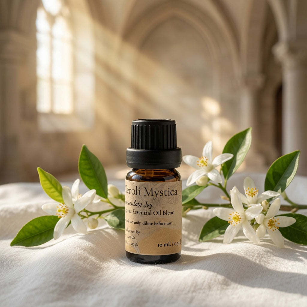 A small amber glass bottle of essential oil blend with a black cap stands on a white fabric surface, framed by white flowers and green leaves, with a softly blurred warm interior background.