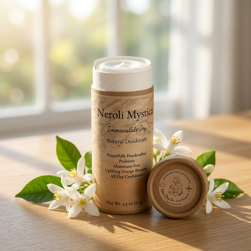 A cylindrical natural deodorant container labeled Neroli Mystica Immaculate Joy sits on a wooden surface with a matching lid beside it, surrounded by white neroli flowers and green leaves. The background shows a softly blurred window with warm sunlight.
