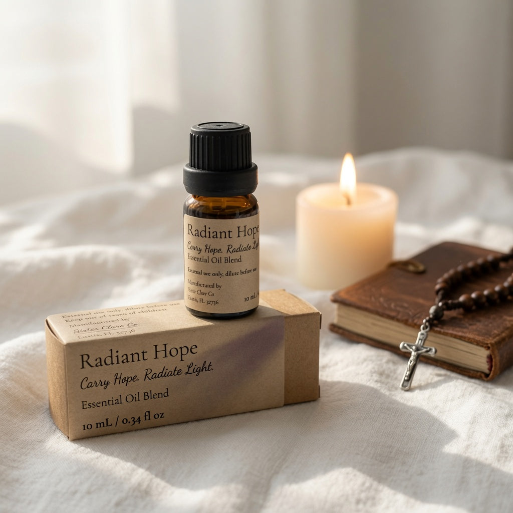 A small amber glass essential oil bottle labeled Radiant Hope sits on top of its kraft paper box, styled on white fabric beside a lit candle, an old book, and a rosary.
