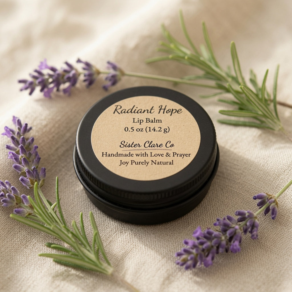 A black round tin of Radiant Hope Lip Balm by Sister Clare Co sits on a beige linen surface, surrounded by sprigs of lavender and rosemary. The label is a natural beige color with black text.