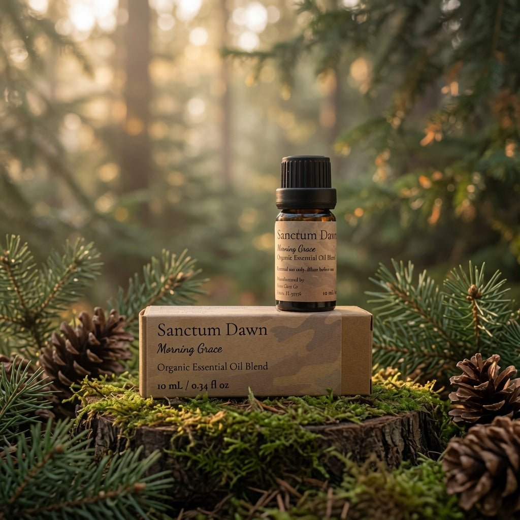 A small amber essential oil bottle labeled Sanctum Dawn Morning Grace stands on top of its matching box, placed on a mossy log with pine branches and pinecones in a forest setting.