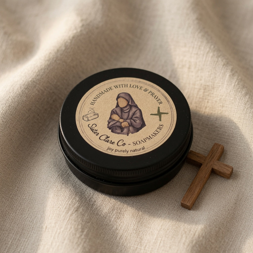 Black container with a label on a beige fabric background