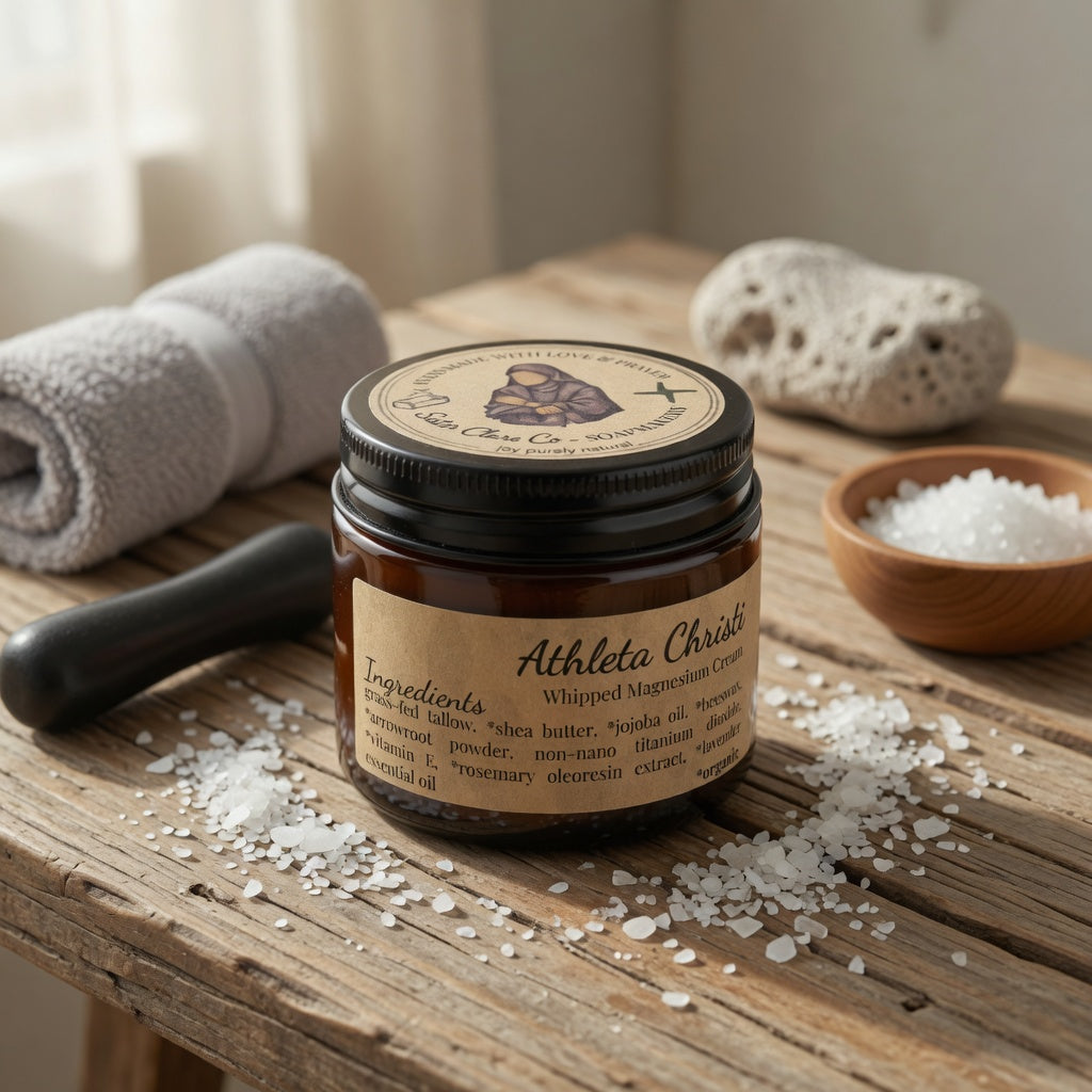 Jar of Athleta Christi whipped magnesium cream on a wooden surface with bath accessories.