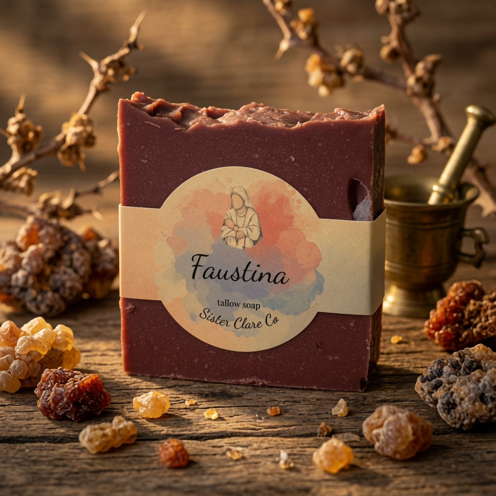 A rectangular bar of mauve-brown tallow soap labeled 'Faustina' by Sister Clare Co, wrapped in a cream paper band, displayed on a rustic wooden surface with dried botanicals and amber-like crystals around it.
