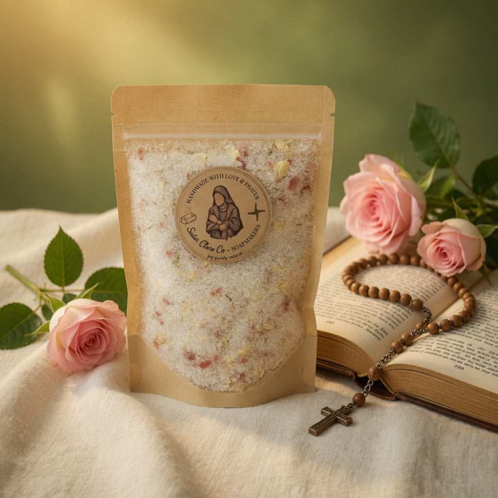 Warm square lifestyle photograph of Guadalupe Mineral Soak pouch beside an open prayer book or rosary and fresh roses on soft linen, conveying spiritual renewal, faith-filled relaxation, and the joy of prayerful bathing with Our Lady of Guadalupe.