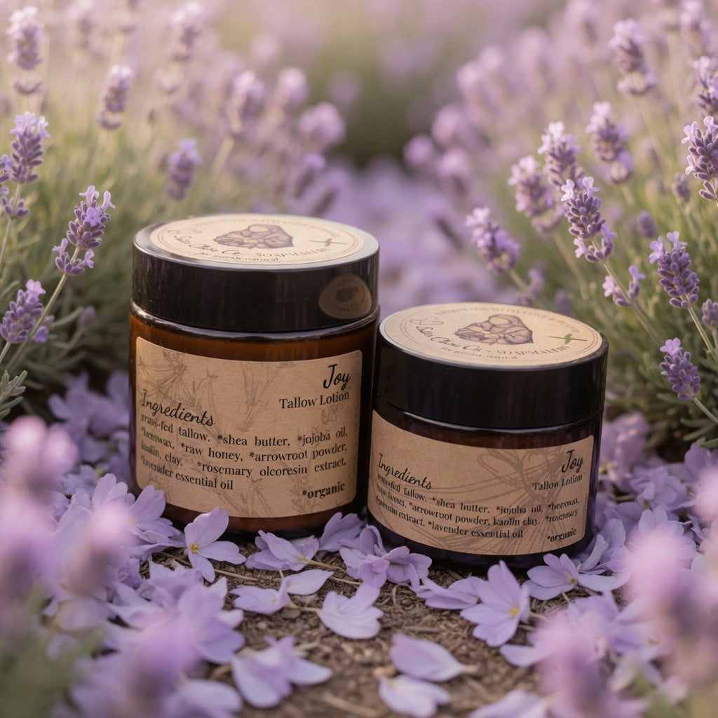 Joy Tallow Lotion joyfully placed amidst a vibrant lavender field with soft light lavender wildflowers under bright happy sunlight, capturing unbridled joy and serenity