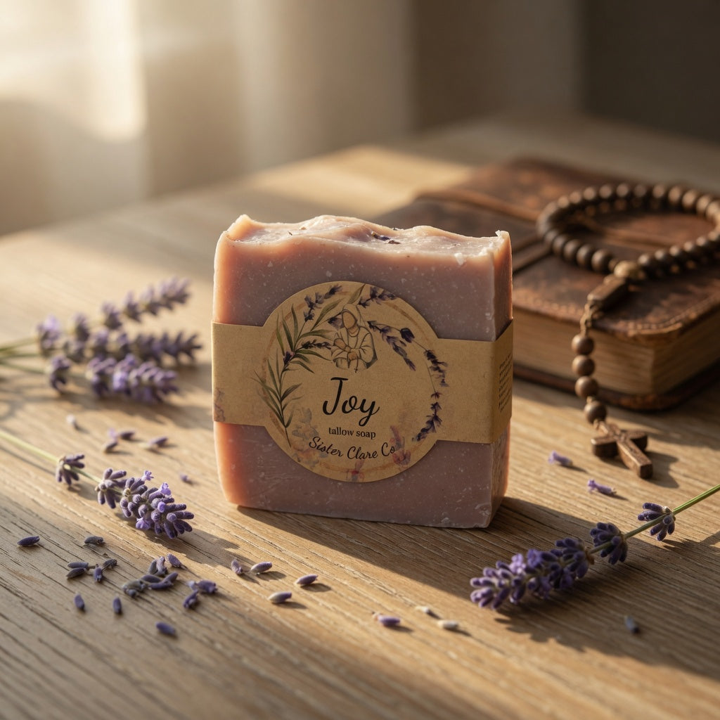 Bar of soap with a 'Joy' label surrounded by lavender flowers on a wooden surface.