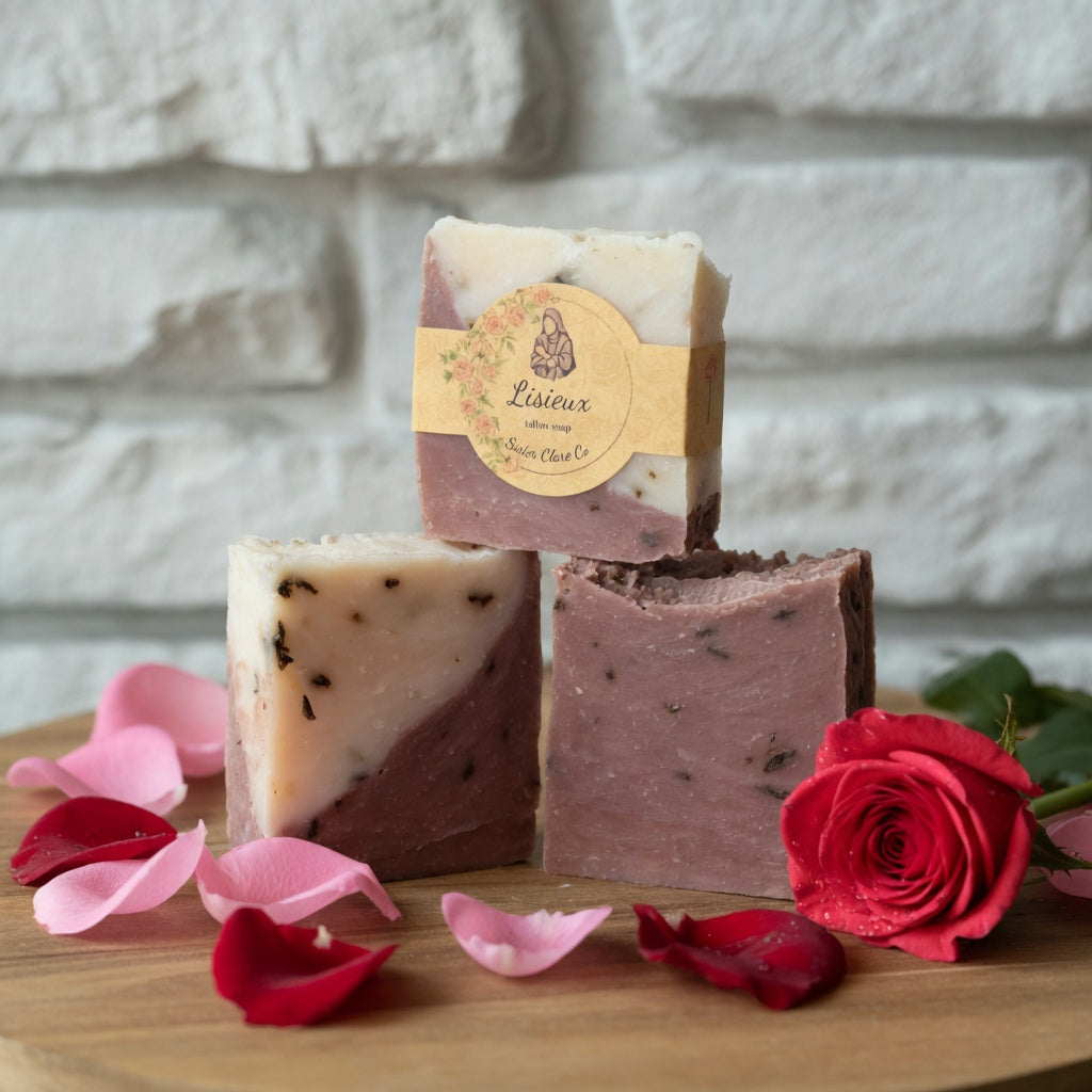LISIEUX tallow soap surrounded by fresh rose petals and soft natural light, creating a gentle and feminine atmosphere