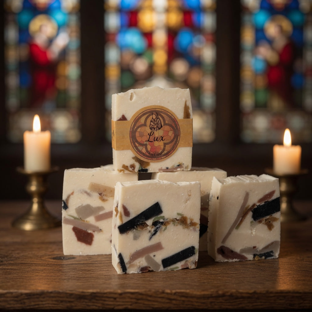 Lux Tallow Soap arranged with church-inspired candles and gentle light, evoking a sacred space while showcasing the bar's stained glass design.