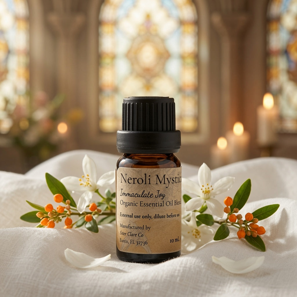 A small amber glass bottle of Neroli Myrtle essential oil with a black cap and tan label, styled on white fabric with white flowers and orange berries in front of a softly blurred stained-glass window and candlelit interior.