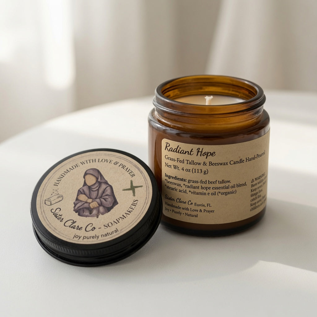 An amber glass jar candle with its lid placed beside it on a white surface. The label reads 'Radiant Hope' and shows the brand 'Saint Clare Co - Soapmakers'.