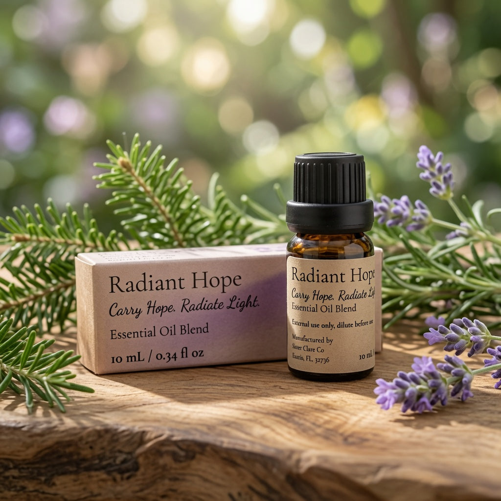A small amber glass bottle of Radiant Hope essential oil blend with a black cap stands beside its matching kraft paper box on a rustic wooden surface, surrounded by green pine branches and purple lavender flowers against a soft blurred outdoor background.