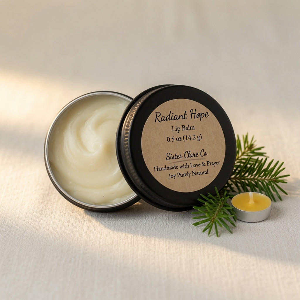 An open round metal tin of Sister Clave Co. Radiant Hope Lip Balm sits on a light fabric surface with its lid leaning against it.