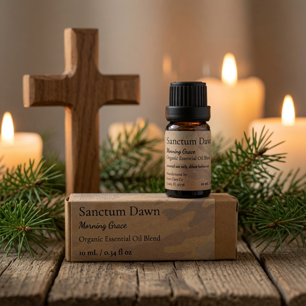 A small amber bottle of Sanctum Dawn Morning Grace essential oil blend stands on top of its kraft paper box, styled on a rustic wooden surface with evergreen branches, a wooden cross, and warm glowing candles in the background.
