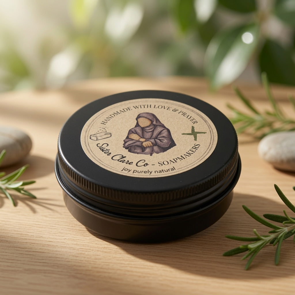 Black containers with a label on a wooden surface with greenery