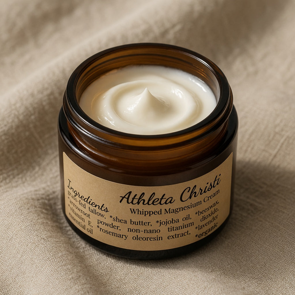 Jar of Athleta Christi whipped magnesium cream on a beige fabric background