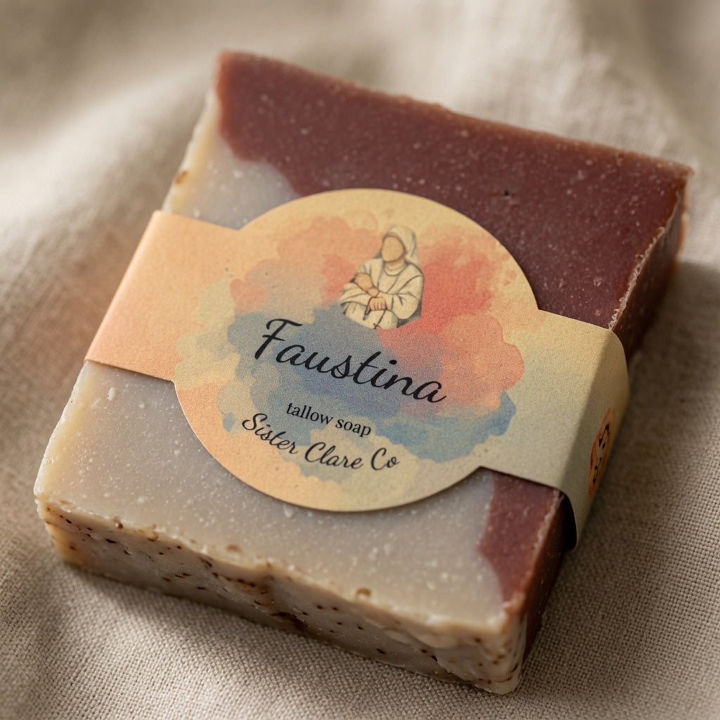 A rectangular bar of handmade tallow soap from Sater Clare Co, labeled 'Faustina', wrapped in a paper band. The soap has a dual-tone color story of deep reddish-brown on top and creamy beige speckled tallow on the bottom, resting on a textured beige linen fabric background.