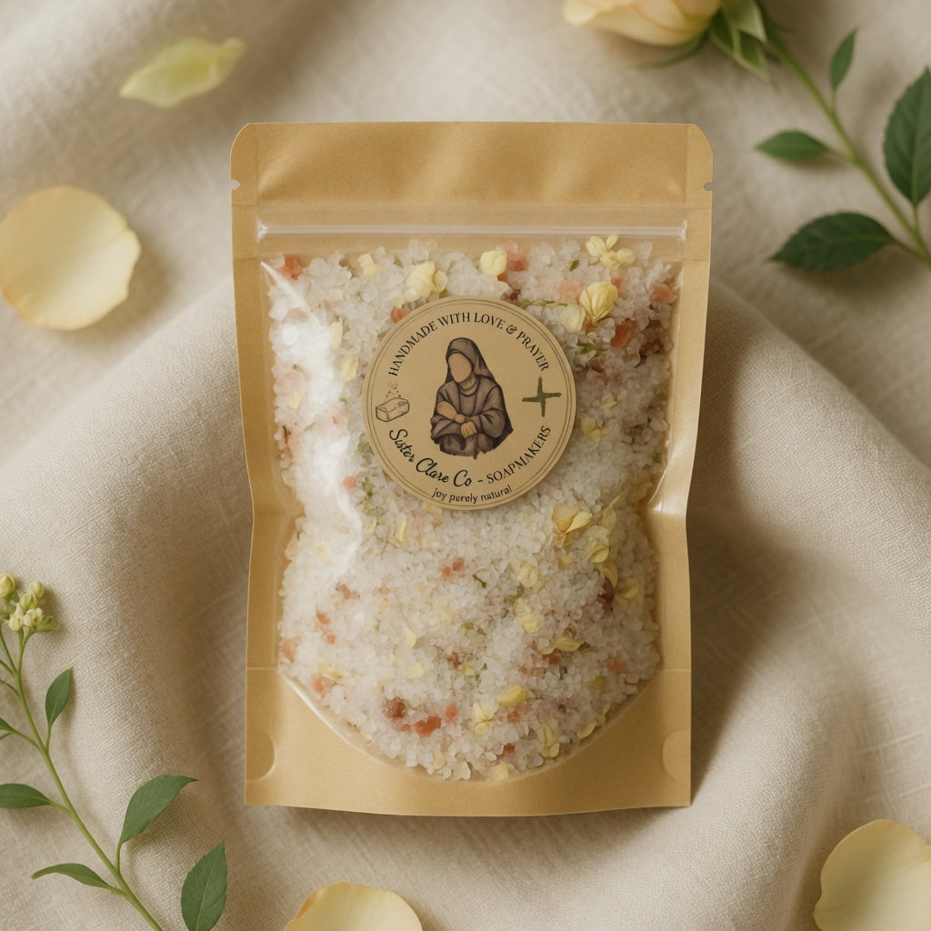 Detailed square close-up product photograph of Guadalupe Mineral Soak pouch showing luxurious texture of white salts, pink crystals, and dried jasmine flowers through the transparent window, placed on soft linen with subtle rose accents and perfect lighting.