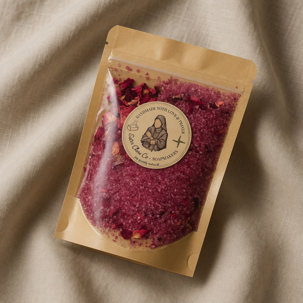 Detailed square close-up of Lisieux Mineral Soak pouch texture and rose-red salts on soft linen background, highlighting natural quality and inviting touch.