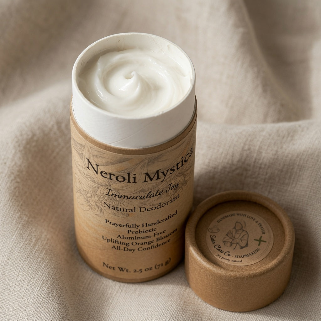 A jar of Neroli Mystick Immaculate Joy Natural Deodorant with its lid off, showing the white deodorant cream inside, next to its brown kraft paper cap on a beige fabric background.