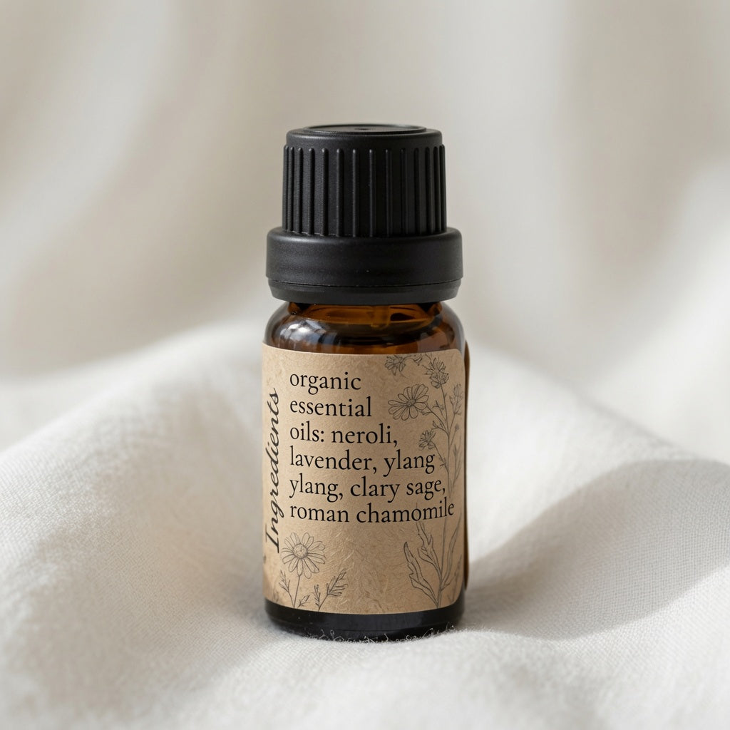 A small amber glass bottle with a black ribbed cap and a kraft paper label reading 'organic essential oils: neroli, lavender, ylang, ylang, clary sage, roman chamomile,' photographed on a soft white fabric background.
