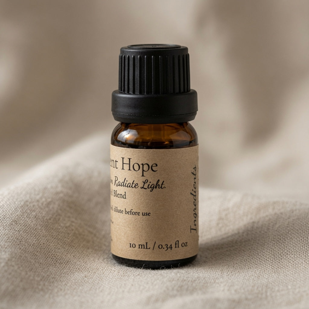 A small amber glass bottle with a black ribbed cap and a kraft paper label reading 'Scent Hope Radiate Light' on a soft beige fabric background.