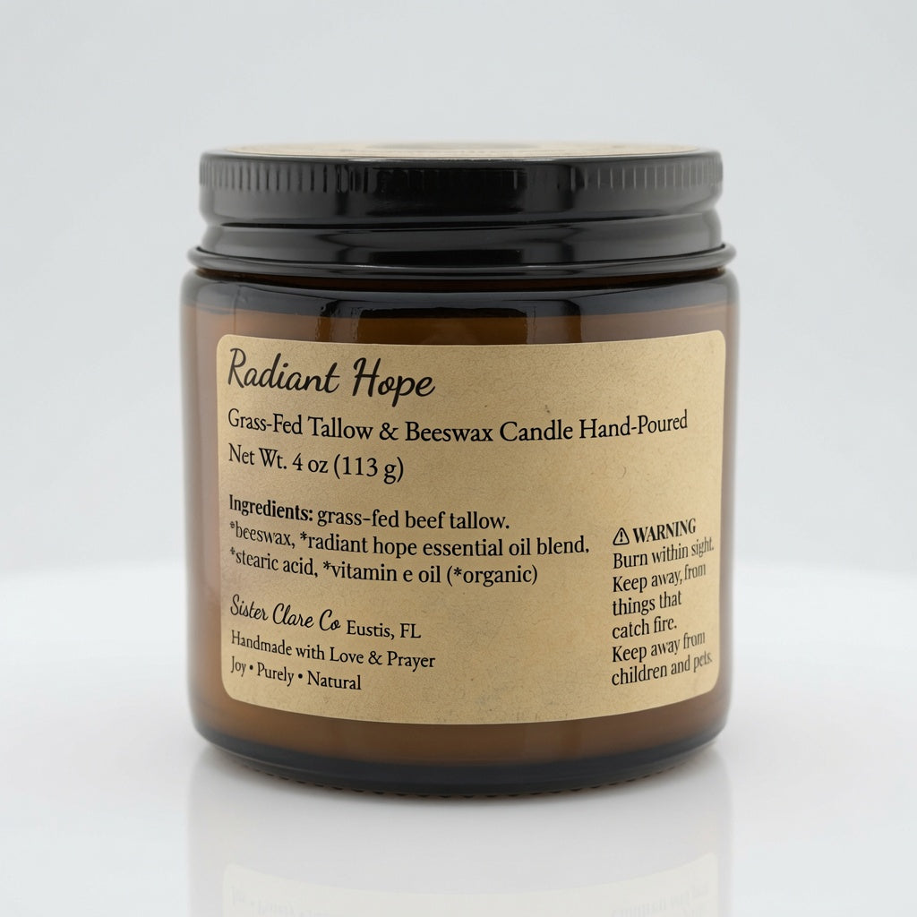 An amber glass jar candle with a black screw-top lid and a beige paper label reading 'Radiant Hope' by Selen Clave Co, photographed on a clean white background.