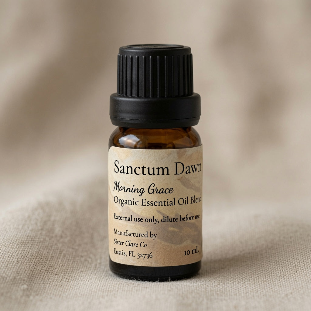 A 10 ml amber glass bottle of 'Sanctum Dawn' essential oil blend by Sister Clare Co, featuring a black ribbed cap and a beige label, set against a soft beige fabric background.